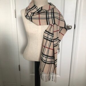 Plaid Beige, Black and Red Scarf with Fringe